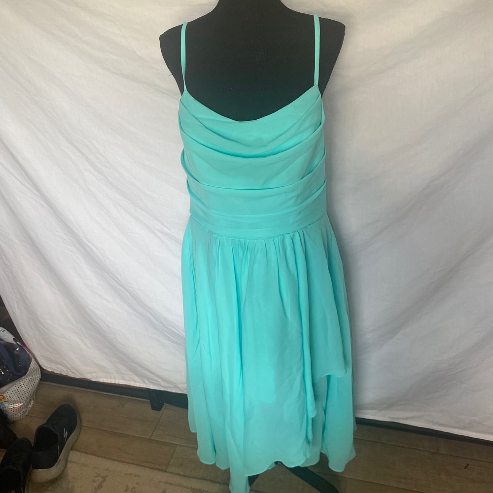 Aqua Turquoise Chiffon Cowl Neck Midi Dress Lace‎ Up Back Formal Size 14
